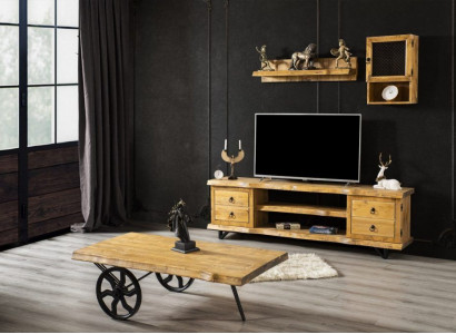 Real Wood Living Room Wall Luxury in Brown with Rustic Coffee Table on Wheels Cabinet